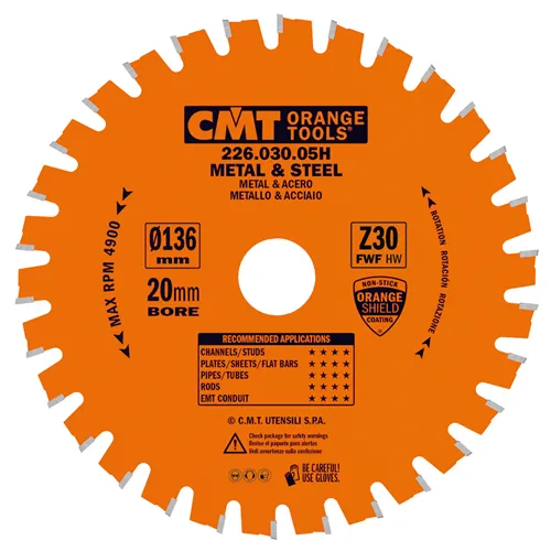 CMT Industrielle Kreissägeblätter für eisenhaltiges Material und PVC - D136x1,5 d20 Z30 HW