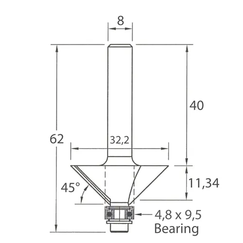 IGM M109 Fasenfräser mit Kugellager - 45° D32,2x11,34 L62 S=8 HW