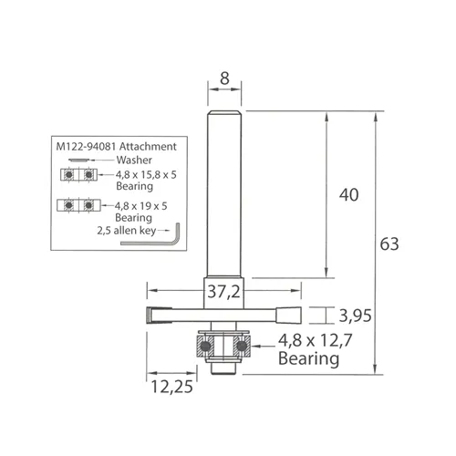 IGM M122 Scheibennutfräser für Lamello-Verbindungen Set - D37,2x3,95 H12,25 L63 S=8 HW