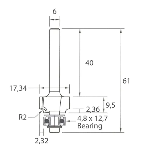 IGM M138 Abrundfräser - R2 D17,34x9,5 L61 S=6 HW