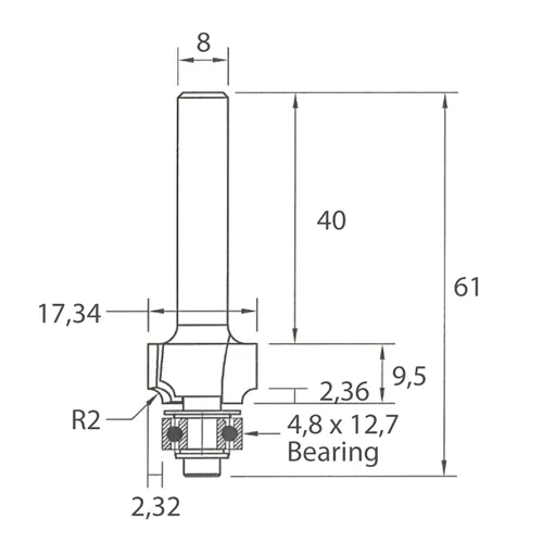 IGM M138 Abrundfräser - R2 D17,34x9,5 L61 S=8 HW