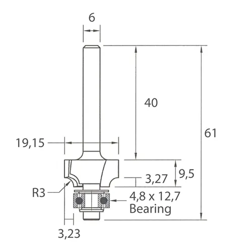 IGM M138 Abrundfräser - R3 D19,15x9,5 L61 S=6 HW