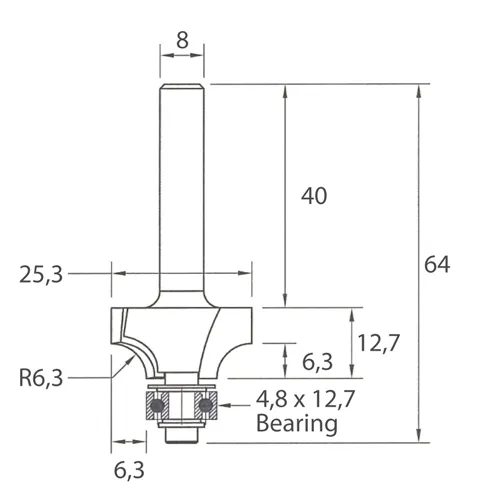 IGM M138 Abrundfräser - R6,3 D25,3x12,7 L64 S=8 HW