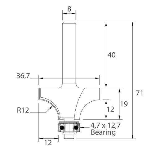 IGM M138 Abrundfräser - R12 D36,7x19 L71 S=8 HW