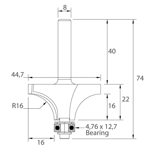 IGM M138 Abrundfräser - R16 D44,7x22 L74 S=8 HW