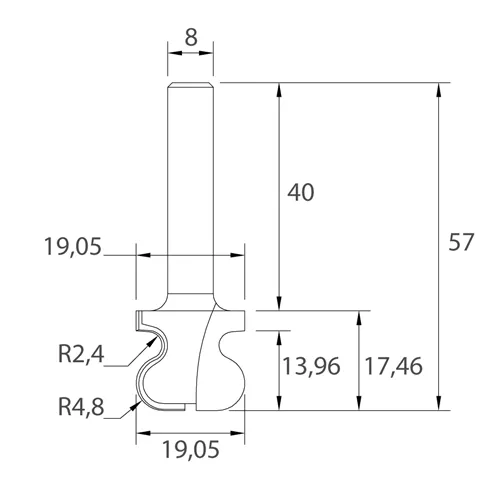 IGM M141 Griffleistenfräser - R2,4-4,8 D19,05x17,46 L57 S=8 HW